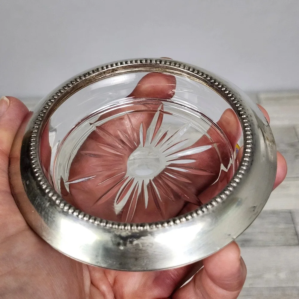 Vintage Frank M Whiting Sterling Silver Glass Coaster Starburst  Number 04